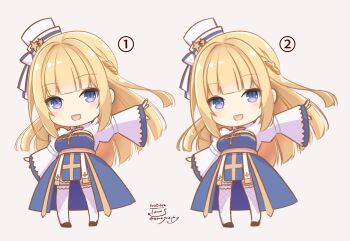 Rule 34 | 1girl, arch bishop (ragnarok online), black shoes, blonde hair, blue dress, blue eyes, blunt bangs, blush, bow, braid, chibi, chibi only, commentary request, cross, dated, dress, fishnet thighhighs, fishnets, frilled thighhighs, frills, full body, grey background, half up braid, hat, hat bow, hat ornament, highres, juliet sleeves, long hair, long sleeves, looking at viewer, open mouth, pillbox hat, puffy sleeves, ragnarok online, sakuraji tomoka, sash, shoes, simple background, smile, standing, star (symbol), star hat ornament, thighhighs, two-tone dress, white bow, white dress, white hat, white thighhighs, yellow sash