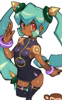 1girl bare_shoulders black_dress bracelet breasts closed_mouth dakusuta dark-skinned_female dark_skin data_(mega_man) dress green_hair highres jewelry long_hair looking_at_viewer mega_man_(series) mega_man_legends_(series) red_eyes simple_background skirt small_breasts smile tattoo thighhighs twintails white_background yuna_(mega_man)