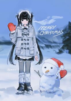 1girl apron artist_name black_boots black_dress black_eyes black_hair black_pantyhose blue_sky blunt_bangs blush boots breath coat contrast_collar dress duffel_coat frilled_apron frilled_dress frills full_body fur-trimmed_headwear fur_trim grey_coat hat highres iwonu long_hair long_sleeves looking_at_viewer maid maid_headdress merry_christmas mittens nose_blush open_mouth original outdoors pantyhose santa_hat short_dress signature single_mitten sky snow snowman solo tree twintails very_long_hair white_apron white_headdress