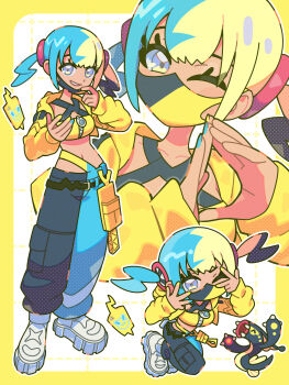 1girl ^_^ absurdres aqua_hair aqua_nails bandeau belt black_belt black_hair blonde_hair blue_eyes border breasts canari_(pokemon) cellphone chibi chibi_inset closed_eyes commentary_request cropped_jacket dark-skinned_female dark_skin eelektross eyelashes fangs fingernails full_body gen_4_pokemon gen_5_pokemon grid_background highres iechi jacket long_sleeves mask mask_pull midriff mouth_mask multicolored_hair multicolored_nails multiple_views nail_polish navel nintendo one_eye_closed open_clothes open_jacket outline pants phone pokemon pokemon_(creature) pokemon_legends:_z-a rotom rotom_phone shoes smartphone smile split-color_clothes split-color_hair twintails two-tone_nails two-tone_pants white_background white_outline white_shoes yellow_bandeau yellow_border yellow_jacket yellow_nails