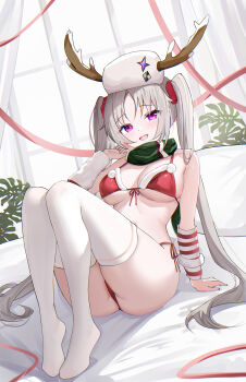 1girl absurdres antlers arm_support arm_warmers bare_shoulders bed bed_sheet bikini blush breasts cleavage commentary curtains full_body fur-trimmed_bikini fur_trim green_scarf grey_hair hand_up hat highres horns horns_through_headwear indoors knees_up large_breasts laru_(snowish)_(stella_sora) laru_(stella_sora) legs looking_at_viewer official_alternate_costume on_bed open_mouth parted_bangs pillow plant pom_pom_(clothes) purple_eyes red_bikini red_ribbon ribbon santa_bikini santa_costume scarf side-tie_bikini_bottom sideboob sitting smile solo star_(symbol) stella_sora striped_arm_warmers swimsuit thighhighs thighs twintails underboob usagi_(786113654) white_thighhighs window