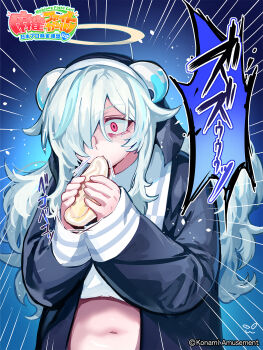 1girl black_coif black_dress blue_background blue_hair commentary_request constricted_pupils doubliel dress drinking eating emphasis_lines fake_halo hair_over_one_eye halo highres horns long_hair long_sleeves mahjong_fight_girl mahjong_fight_girl_official mayonnaise mayonnaise_bottle multicolored_hair navel official_art open_mouth pink_eyes solo streaked_hair upper_body white_hair white_horns yellow_halo