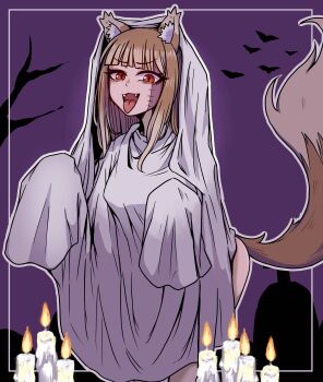 1girl absurdres akuma0320 animal_ears brown_hair candle fangs fire ghost_costume ghost_pose halloween halloween_costume highres holo long_hair looking_at_viewer open_mouth outline patchwork_skin red_eyes spice_and_wolf tail tongue tongue_out white_outline wolf_ears wolf_girl wolf_tail