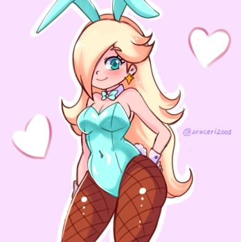 1girl animal_ears araceri blonde_hair blue_bow blue_bowtie blue_eyes blue_leotard blush bow bowtie breasts brown_pantyhose cleavage detached_collar earrings fake_animal_ears fake_tail fishnet_pantyhose fishnets hair_over_one_eye hand_on_own_hip heart heart_background jewelry leotard long_hair looking_at_viewer mario_(series) medium_breasts nintendo pantyhose pink_background playboy_bunny rabbit_ears rabbit_tail rosalina smile standing star_(symbol) star_earrings super_mario_galaxy tail wrist_cuffs