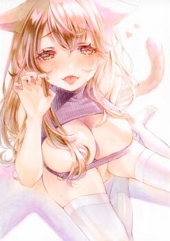 Rule 34 | 1girl, absurdres, animal ears, between legs, blush, breasts, brown eyes, brown hair, cat day, cat ears, cat girl, cat tail, claw pose, cleavage, cleavage cutout, clothing cutout, commentary request, dai dai da, fangs, from above, hand between legs, heart, highres, large breasts, long hair, looking at viewer, marker (medium), open-chest sweater, open mouth, original, purple sweater, sitting, sleeveless, smile, solo, sweater, tail, thighhighs, tongue, traditional media, white background, white thighhighs