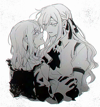 Rule 34 | 2girls, bang dream!, bang dream! it's mygo!!!!!, blush, collared shirt, commentary, doloris (bang dream!), dress, earrings, gloves, greyscale, hair ribbon, holding hands, interlocked fingers, jewelry, long hair, looking at another, maybecrosswise, misumi uika, monochrome, multiple girls, oblivionis (bang dream!), open mouth, parted lips, puffy short sleeves, puffy sleeves, ribbon, shirt, short sleeves, smile, togawa sakiko, two side up, upper body, yuri