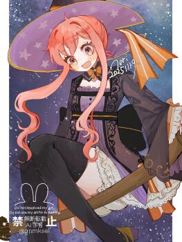 1girl :d atelier_(series) atelier_ayesha black_hat broom broom_riding commentary_request han_(hn-khk) hat highres midair open_mouth outside_border pillarboxed pink_hair purple_hat sidelocks smile solo star_(symbol) watermark wide_sleeves wilbell_voll-ersleid witch witch_hat