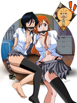 2girls absurdres arms_behind_back bdsm bed bedroom black_hair blanket bleach bondage bound bound2draw bound_arms bound_wrists breasts button_gap cleavage cleave_gag cloth_gag collared_shirt double-parted_bangs gag gagged highres improvised_gag indoors inoue_orihime karakura_high_school_uniform kon_(bleach) kuchiki_rukia large_breasts long_hair multiple_girls orange_hair partially_unbuttoned restrained school_uniform sentient_stuffed_toy shirt short_hair short_sleeves skirt soles stuffed_animal stuffed_lion stuffed_toy unbuttoned unbuttoned_shirt white_shirt wooden_floor