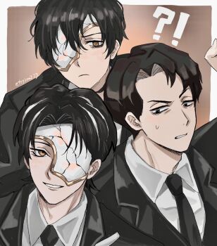 Rule 34 | !?, 3boys, bags under eyes, black eyes, black hair, black jacket, black necktie, closed mouth, collared shirt, commentary, cracked mask, curtained hair, double-parted bangs, frown, furrowed brow, gloves, gold trim, grin, hair between eyes, highres, index (identity) (project moon), jacket, lapels, library of ruina, limbus company, looking at another, looking at viewer, looking down, looking to the side, male focus, matching hairstyle, matching outfits, multicolored hair, multiple boys, necktie, notched lapels, project moon, rien (project moon), roland (project moon), shirt, short hair, smile, streaked hair, suit jacket, sweatdrop, tsugino223, twitter username, untranslatable commentary, white gloves, white shirt, white streaks, yi sang (project moon)