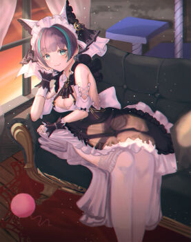 1girl animal_ears apron aqua_eyes aqua_streaks azur_lane bare_shoulders black_apron black_wrist_cuffs breasts cat_tower cheshire_(azur_lane) cleavage commentary couch detached_sleeves earrings fake_animal_ears feet_out_of_frame frilled_apron frilled_hairband frills hairband hand_on_own_cheek hand_on_own_face highres indoors jewelry lace lace-trimmed_thighhighs lace_trim leaning_to_the_side looking_at_viewer maid_headdress medium_breasts multicolored_hair on_couch orange_sky puffy_detached_sleeves puffy_short_sleeves puffy_sleeves purple_hair setora_q short_hair short_sleeves sitting sky solo streaked_hair symbol-only_commentary thighhighs white_thighhighs window wrist_cuffs yarn yarn_ball