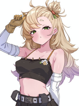 1girl absurdres alternate_breast_size_(larger) arm_up armpits bare_shoulders belt black_shorts black_tube_top blonde_hair blush breasts collarbone commentary commentary_request crop_top detached_sleeves earrings english_commentary gloves green_eyes hair_ornament half-closed_eyes hand_on_own_head highres jewelry long_hair looking_at_viewer medium_breasts mekato midriff mixed-language_commentary navel paid_reward_available parted_lips piper_wheel short_eyebrows shorts simple_background solo spiked_shirt strapless thick_eyebrows tube_top upper_body white_background white_sleeves yellow_gloves zenless_zone_zero