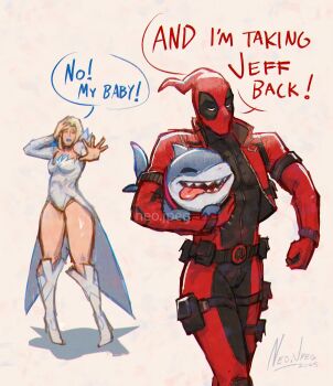 1boy 1girl absurdres artist_name closed_mouth commentary dated deadpool emma_frost english_commentary english_text fangs fins fish_tail highres jeff_(marvel) looking_at_another looking_to_the_side marvel marvel_rivals masked neo_jpeg shark shark_fin shark_tail signature smile speech_bubble superhero_costume tail