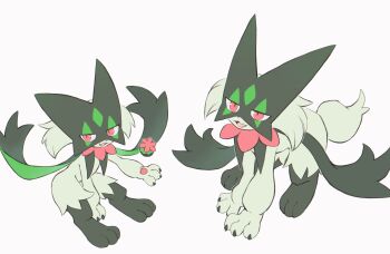 1other all_fours animal_hands black_fur body_fur claws commentary_request full_body furry green_fur green_hair half-closed_eyes highres looking_at_viewer mask meowscarada multiple_views nintendo open_mouth other_focus pawpads pink_eyes pokemon pokemon_(creature) short_hair short_tail simple_background sitting solo sukasshu_(mroooo) tail two-tone_fur white_background