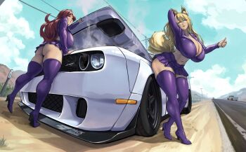Rule 34 | 2girls, animal ear fluff, animal ears, arm up, ass, boots, breasts, car, cleavage, crop top, day, desert, dodge (company), fox ears, fox tail, from below, highres, highway, hitchhiking, huge breasts, long hair, motor vehicle, multiple girls, original, outdoors, packge, pleated skirt, power lines, purple boots, purple skirt, race queen, road, skirt, sky, steam, tail, thigh boots, thumbs up, upskirt, utility pole