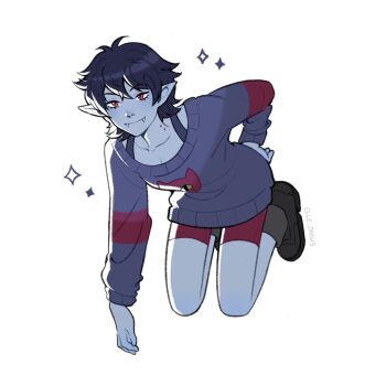 1girl adventure_time adventure_time:_fionna_and_cake animification bike_shorts bite_mark bite_mark_on_neck black_hair breasts colored_skin commentary elle_draws english_commentary fangs full_body grey_skin grey_sweater hand_on_own_hip highres looking_at_viewer marceline_abadeer official_alternate_costume official_alternate_hair_length official_alternate_hairstyle pointy_ears red_eyes red_shorts short_hair shorts simple_background smile solo sparkle sweater vampire white_background