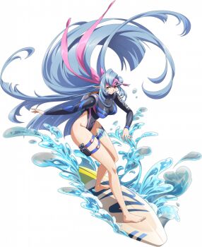1girl absurdly_long_hair backpack bag balancing barefoot black_one-piece_swimsuit black_wetsuit blue_hair body_markings bodysuit breasts closed_mouth covered_navel curtained_hair diving_suit elf floating_hair full_body game_cg hair_ribbon highleg highleg_one-piece_swimsuit langrisser langrisser_mobile large_breasts legs long_hair long_sidelocks looking_at_viewer multicolored_one-piece_swimsuit multicolored_swimsuit nemia_(langrisser) official_alternate_costume official_art one-piece_swimsuit outstretched_arms parted_bangs pink_ribbon pointy_ears ribbon shiny_skin sidelocks simple_background smile solo splashing standing standing_on_object surfboard surfing swimsuit tachi-e thigh_strap third-party_source transparent_background very_long_hair visor_cap water wetsuit yellow_eyes