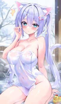 1girl ^^^ absurdres animal_ears blue_eyes blush breasts cat_ears cat_girl cat_tail check_copyright cleavage collarbone commentary_request copyright_request covered_navel eneru_(enepuni) hair_between_eyes hand_up highres large_breasts long_hair looking_at_viewer naked_towel onsen original outdoors parted_lips purple_hair rubber_duck seiza signature sitting snowing solo tail towel twintails very_long_hair wet_towel