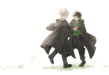 2boys albus_severus_potter black_hair black_robe blonde_hair closed_eyes green_necktie harry_potter_(series) harry_potter_and_the_cursed_child hb2avp highres hogwarts_school_uniform holding_hands male_focus multiple_boys necktie robe school_uniform short_hair slytherin smile striped_necktie sweater wizarding_world