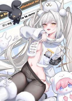 1girl aeon_ion armband black_armband black_pantyhose blanc_(fortune_express)_(nikke) blanc_(nikke) boots breasts clothes_pull coat doro_(nikke) fang fur-trimmed_boots fur_trim goddess_of_victory:_nikke high-waist_pantyhose highres long_hair medium_breasts navel no_bra official_alternate_costume official_alternate_hairstyle panties panties_under_pantyhose pantyhose pantyhose_pull pulling_own_clothes see-through_pantyhose skin_fang smile twintails underwear very_long_hair white_boots white_hair winter_clothes winter_coat yellow_eyes