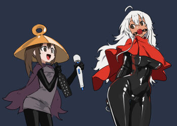 2girls arm_binder armbinder ball_gag bdsm black_bodysuit bodysuit bondage bound bound_arms breasts brown_eyes brown_hair cloak commission cosplay dark-skinned_female dark_skin dildo eudetenis femdom gag gagged highres hitachi_magic_wand holding holding_paddle holding_sex_toy hollow_knight hollow_knight:_silksong hornet_(hollow_knight) hornet_(hollow_knight)_(cosplay) large_breasts latex latex_bodysuit lilya_(pretzelfan) loli multiple_girls original paddle purple_cloak red_cloak sayuri_(pretzelfan) second-party_source sex_toy sherma_(hollow_knight) sherma_(hollow_knight)_(cosplay) vibrator white_hair
