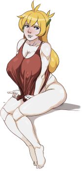 1girl ahoge android ass bare_shoulders barefoot blonde_hair blue_eyes blush bottomless breasts cleavage covered_erect_nipples curly_brace curvy doukutsu_monogatari feet female_focus highres huge_breasts joints long_hair marnic nipples pale_skin pinky_out pixel_art red_shirt robot robot_ears robot_joints shirt shirt_tug simple_background solo tank_top