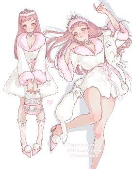 Rule 34 | 1girl, bag, blush, bomhat, bow, bow choker, bow legwear, breasts, cat, choker, cleavage, collarbone, commentary, crown, dress, frilled choker, frilled socks, frills, from above, full body, fur-trimmed collar, fur-trimmed headwear, fur-trimmed sleeves, fur trim, handbag, head tilt, heart, high heel slides, high heels, highres, holding, holding bag, knee blush, long hair, looking at viewer, lying, multiple views, on back, original, parted bangs, pink hair, pink lips, pink shoes, shadow, shoes, simple background, socks, standing, straight-on, symbol-only commentary, thighs, white background, white cat, white dress