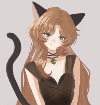 Rule 34 | 1girl, :3, acorn pendant, animal ears, black dress, black tail, breasts, cat ears, cat girl, cat tail, cleavage, dress, druvis iii, green eyes, grey background, highres, kemonomimi mode, long hair, looking at viewer, mana (t5a1il), orange hair, reverse:1999, sleeveless, sleeveless dress, solo, tail, upper body