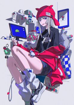 1girl absurdres black_shirt computer grey_background grey_hair highres hot long_hair looking_at_viewer original ritao_kamo shirt shoes solo