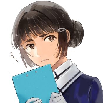 Rule 34 | 1girl, blunt bangs, brown eyes, brown hair, closed mouth, commentary request, gloves, hair bun, highres, holding, jacket, kantai collection, myoukou (kancolle), myoukou kai ni (kancolle), purple jacket, simple background, single hair bun, solo, thick eyebrows, translation request, upper body, wetghostanuki, white background, white gloves