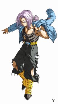 1boy black_pants black_shirt blue_eyes blue_jacket boots dragon_ball dragonball_z full_body highres jacket kakeru_(dbskakeru) medium_hair muscular muscular_male pants purple_hair shirt simple_background solo torn_clothes torn_pants torn_shirt trunks_(dragon_ball) trunks_(future)_(dragon_ball) white_background yellow_boots