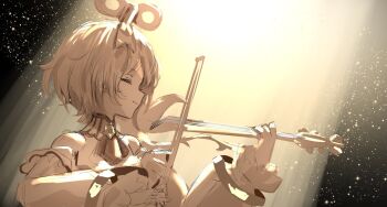 1girl bow_(music) cecilia_immergreen closed_eyes closed_mouth dress hashtag-only_commentary highres holding holding_instrument holding_violin hololive hololive_english instrument long_sleeves music playing_instrument redi_(rasec_asdjh) smile solo spotlight upper_body violin virtual_youtuber white_dress white_hair winding_key