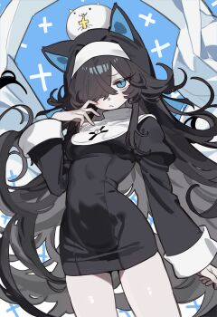 1girl absurdly_long_hair absurdres animal_ears black_dress black_hair blue_background blue_eyes blush breasts cat_(nyanko_daisensou) cat_ears cat_girl closed_mouth colored_inner_animal_ears cross dark_kasli_(nyanko_daisensou) dress ebora guimpe hair_over_one_eye hairband hand_up highres kasli_(nyanko_daisensou) latin_cross long_hair long_sleeves looking_at_viewer nun nyanko_daisensou pale_skin short_dress simple_background small_breasts solo thighs very_long_hair white_hairband