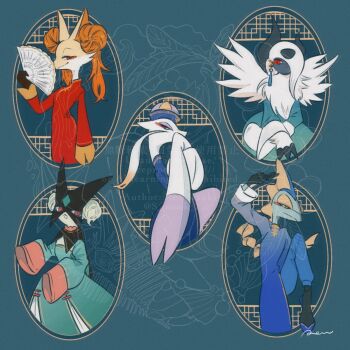 4others absol animal_ears asymmetrical_horns blue_background blue_dress blue_hat china_dress chinese_clothes claws clothed_pokemon delphox double_bun dress feathered_wings fox_ears furry gen_3_pokemon gen_5_pokemon gen_6_pokemon gen_8_pokemon green_dress green_fur green_hair hair_bun hair_over_one_eye hand_fan hat highres horns inteleon looking_at_viewer mega_absol mega_pokemon meowscarada mienshao multicolored_fur multiple_others neck_fur nintendo one_eye_covered open_mouth orange_hair pokemon pokemon_(creature) purple_fur red_dress red_eyes red_fur rendoll side_slit simple_background snout standing tangzhuang tassel two-tone_fur uneven_horns upper_body whiskers white_fur white_hair white_wings wings yellow_fur