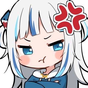 1girl :t anger_vein artist_request bad_link blue_hair blue_hoodie blunt_bangs blush_stickers chibi crossed_arms drawstring frown gawr_gura gawr_gura_(1st_costume) hair_ornament hololive hololive_english hood hood_down hoodie multicolored_hair official_art pout shark_hair_ornament solo streaked_hair transparent_background two_side_up upper_body v-shaped_eyebrows virtual_youtuber white_hair