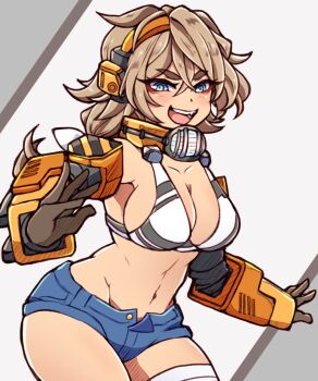 1girl aikeroki bandaged_leg bandages blue_eyes blue_shorts bra breasts brown_gloves brown_hair ciel_dragbucket cleavage commission cosmic_break denim denim_shorts eyeliner gloves headphones highres large_breasts looking_at_viewer makeup mecha_musume midriff navel open_mouth short_shorts shorts smile teeth two-tone_bra underwear