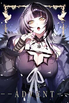 1girl :p absurdres arm_warmers belt black_arm_warmers black_belt black_choker black_coat black_dress black_hair black_nails breasts chest_belt choker cleavage coat commentary dress fur-trimmed_coat fur_trim grey_hair hair_ornament hand_up highres hololive hololive_english jewelry large_breasts long_hair looking_at_viewer multicolored_hair multiple_rings nail_polish off_shoulder open_clothes open_coat open_mouth ring shiori_novella shiori_novella_(1st_costume) sleeveless sleeveless_dress solo split-color_hair striped_arm_warmers tongue tongue_out two-tone_hair upper_body virtual_youtuber wussensei yellow_eyes