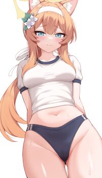 1girl absurdres animal_ear_fluff animal_ears arms_behind_back blue_archive blue_buruma blue_eyes blush breasts buruma cameltoe cat_ears center-flap_bangs closed_mouth commentary commentary_request cowboy_shot double-parted_bangs english_commentary enru flower furrowed_brow gluteal_fold groin gym_shirt gym_uniform hair_flower hair_ornament hairband halo highres long_hair looking_at_viewer mari_(blue_archive) mari_(track)_(blue_archive) medium_breasts navel official_alternate_costume orange_hair paid_reward_available shirt short_sleeves simple_background solo standing sweat very_long_hair white_background white_flower white_hairband white_shirt yellow_halo