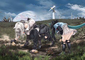 3girls animal_ears arknights arknights:_endfield bare_shoulders bent_over bird_ears bird_girl black_boots black_coat black_gloves black_hair black_pantyhose black_shoes blue_horns blue_sky blue_tail boots chen_qianyu_(arknights) chtv cloud cloudy_sky coat commentary day dragon_girl dragon_horns dragon_tail dress endministrator_(arknights) english_commentary female_endministrator_(arknights) full_body gloves grey_dress grey_hair highres holding horns jacket knee_boots long_hair long_sleeves medium_hair multicolored_gloves multicolored_tail multiple_girls open_clothes outdoors panties pantyhose pantyshot perlica_(arknights) shoes sky sleeveless sweater tail twintails two-sided_gloves two-tone_gloves underwear white_panties white_sweater yellow_gloves