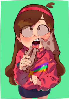 1girl blush braces brown_eyes brown_hair chi-iz disembodied_hand gravity_falls headband looking_up mabel_pines open_mouth rainbow red_headband red_sweater shooting_star skirt sweater tongue tongue_grab tongue_out