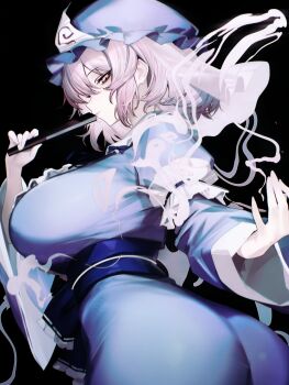 1girl absurdres ass blue_kimono breasts commentary_request fan_to_mouth folding_fan frills hand_fan hat highres japanese_clothes kimono long_sleeves looking_at_viewer mob_cap pink_eyes pink_hair ribbon saigyouji_yuyuko short_hair sleeve_garter solo touhou triangular_headpiece vxdrq