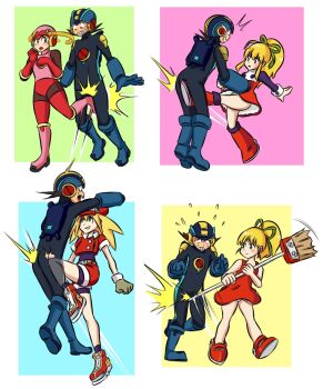 1boy 1girl ball_busting broom crotch_kick kneeing mega_man_battle_network megaman.exe ocigart roll_(mega_man)