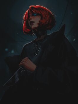 1girl absurdres black_jacket black_sclera black_shirt blue_background blue_eyes closed_mouth colored_sclera commentary cross english_commentary from_below highres holding holding_knife inverted_cross inverted_cross_earrings jacket jacket_partially_removed jewelry knife long_sleeves looking_ahead necklace nose original red_hair shirt short_hair solo titanartx upper_body