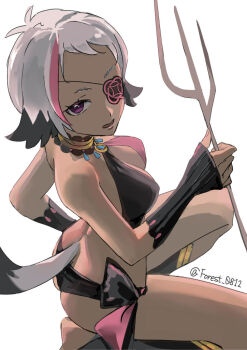 1girl arakiya_(re:zero) ass bikini black_bikini black_bow bow breasts dark-skinned_female dark_skin eyepatch flower forest_0812 grey_hair holding holding_weapon jewelry looking_at_viewer medium_breasts multicolored_hair one_eye_covered open_mouth pink_hair polearm purple_eyes re:zero_kara_hajimeru_isekai_seikatsu short_hair simple_background solo squatting swimsuit tail twitter_username two-tone_hair weapon white_background white_hair