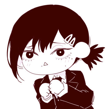 1girl chainsaw_man chibi chibi_only deer60868637 greyscale hair_ornament hairclip higashiyama_kobeni jacket mole mole_under_eye monochrome multiple_moles necktie open_mouth ponytail short_ponytail solo suit_jacket