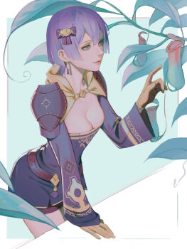 1girl absurdres armor armored_dress belt bernadetta_von_varley bernadetta_von_varley_(timeskip) breasts carnivorous_plant chinese_commentary cleavage closed_mouth commentary_request dress earrings fire_emblem fire_emblem:_three_houses gloves hair_between_eyes hair_ornament hair_ribbon highres jewelry leaf lips long_sleeves medium_breasts mixed-language_commentary nintendo pink_lips plant purple_dress purple_eyes purple_hair ribbon shenye_yuu short_hair shoulder_armor smile solo yellow_gloves