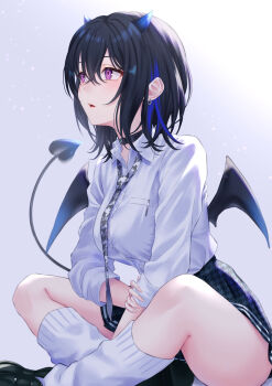 1girl absurdres between_legs black_choker black_hair black_skirt blue_hair breasts butterfly_sitting choker demon_horns demon_tail demon_wings earrings grey_background grey_necktie hand_between_legs highres horns ichinose_uruha jewelry large_breasts long_sleeves looking_to_the_side mary_is_mine multicolored_hair necktie plaid_clothes plaid_skirt pleated_skirt red_eyes shirt short_hair simple_background sitting skirt sleeves_rolled_up solo tail virtual_youtuber vspo! white_shirt wings