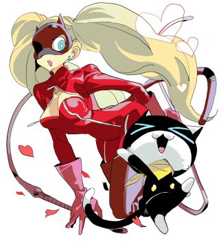 &gt;_&lt; 1girl 1other :d blonde_hair blue_eyes bodysuit breasts cat cat_mask cat_tail cleavage earrings full_body gloves highres holding holding_whip jacket jewelry long_hair mask medium_breasts morgana_(persona_5) neckerchief open_mouth panther_(persona_5) persona persona_5 pink_gloves pure_to_ma red_bodysuit red_jacket smile tail takamaki_anne tuxedo_cat twintails white_background xd yellow_neckerchief