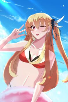 Rule 34 | 1girl, absurdres, alisa reinford, azumishard, bikini, blonde hair, blue sky, breasts, cleavage, cloud, collarbone, earrings, eiyuu densetsu, feather hair ornament, feathers, hair ornament, half updo, highres, holding, holding swim ring, innertube, jewelry, light rays, long hair, looking at viewer, medium breasts, navel, one eye closed, outdoors, red eyes, sen no kiseki, sen no kiseki (series), sen no kiseki iii, sky, smile, solo, stomach, sunbeam, sunlight, swim ring, swimsuit, tongue, tongue out, two side up, upper body, v