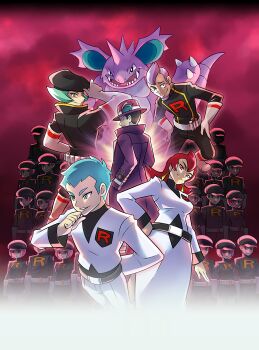 6+boys 6+girls absurdres archer_(pokemon) ariana_(pokemon) belt belt_buckle black_headwear black_jacket buckle closed_mouth coat earrings gen_1_pokemon giovanni_(pokemon) giovanni_(sygna_suit)_(pokemon) gloves green_eyes green_hair hand_up hat highres jacket jewelry logo long_hair long_sleeves multiple_boys multiple_girls nidoking nintendo non-web_source official_alternate_costume official_art pants parted_lips petrel_(pokemon) pokemon pokemon_(creature) pokemon_hgss pokemon_masters_ex proton_(pokemon) purple_coat purple_headwear red_eyes red_hair short_hair smile team_rocket team_rocket_grunt team_rocket_uniform white_gloves white_jacket white_pants