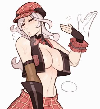 alisa_ilinichina_amiella breasts cleavage cuffs fanning fanning_face fanning_self flat_cap god_eater hat highres large_breasts long_hair midriff navel plaid_clothes plaid_skirt pleated_skirt simple_background skirt splashbrush vest white_hair